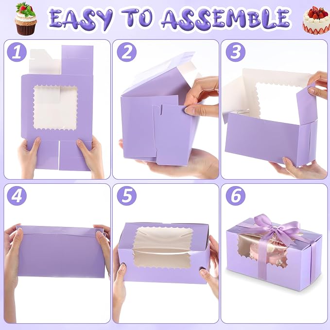 Ireer 60 Pcs 8x4x4 Inch Purple Bakery Boxes with Window Cookies Boxes Pumpkin Roll Container Donut Box Pastry Cake Packaging Safe for Cookies Loaf Muffins Breads Dessert Candies Treat