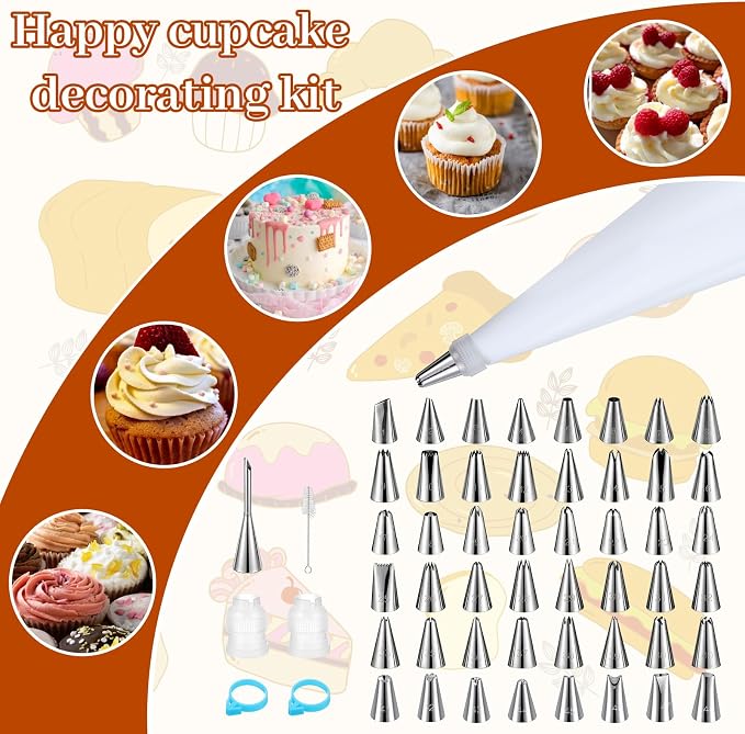 56 Pcs Reusable Piping Bags and Tips Set Frosting Piping Kit for Home | 16"Pastry Bags for Cake Decorating Cupcakes & Cookies with 48 Frosting Tips 2 Leak-Proof Cotton Icing Bags for Baker Beginner