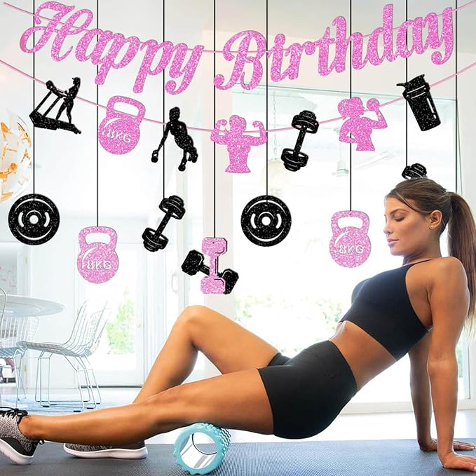 Zwiebeco Black Pink Gym Happy Birthday Banner Bunting Hanging Paper Ornament Garland Party Decoration for Fitness Dumbbells Kettlebells Weightlifting Themed Girls Women Bday Decor Accessories Supplies