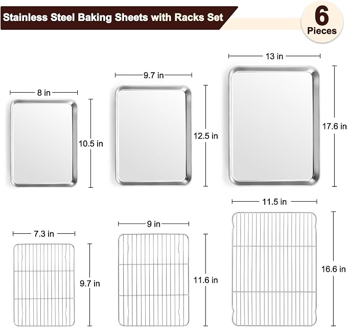 TeamFar Baking Sheet with Rack Set (3 Pans + 3 Racks), 17.6/12.5/10.5 Inch Stainless Steel Cookie Sheet Baking Pans Tray and Cooling Racks for Cooking Roasting, Non-Toxic & Heavy Duty, Dishwasher Safe