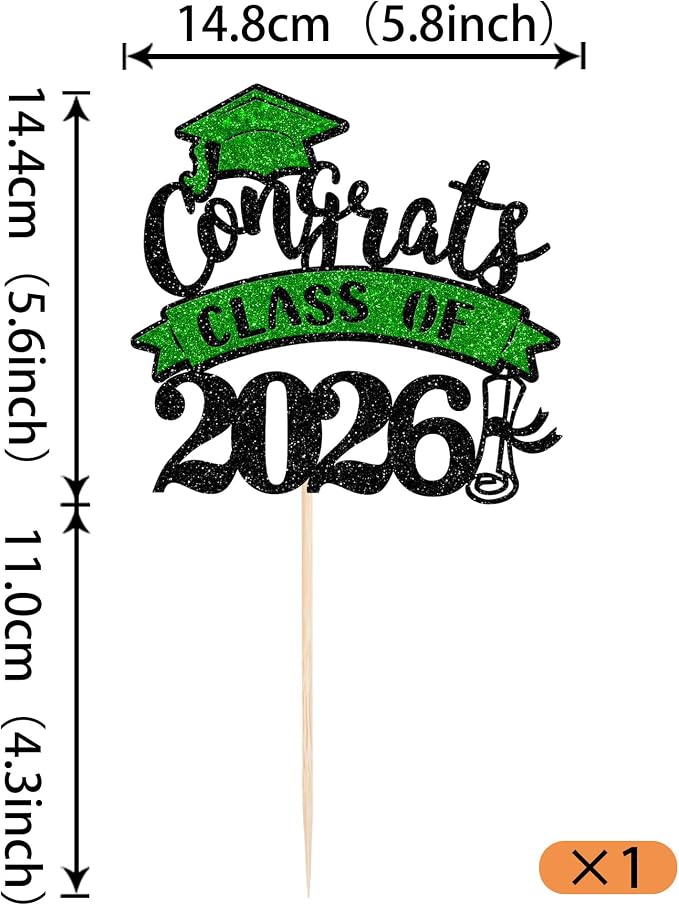 1 Pack Congrats Class of 2026 Cake Topper with Green Glitter Diploma Graduation Cap Cake Pick Contrats Class of 2026 Cake Decorations for 2026 Graduation Theme High School Boys Girls