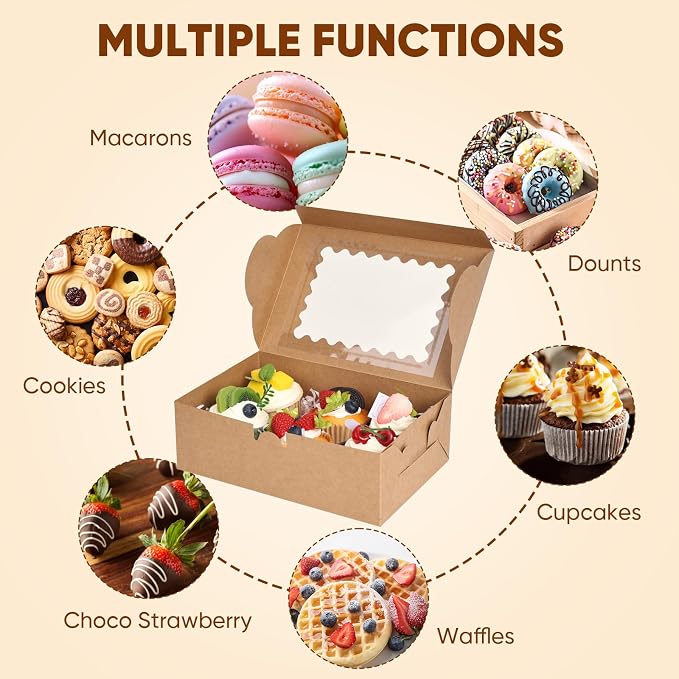 60pcs Cookie Boxes with Window for Gift Giving, 9x6x3 Inches Brown Bakery Boxes with Stickers, Holiday Packaging Gift Boxes for Cookie, Desserts, Chocolate Strawberries, Muffins, Donut, Cupcake