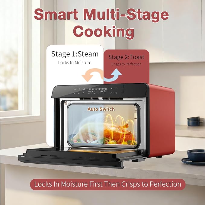 ROBAM Toaster Air Fryer Combi Oven, Countertop Steam Oven 14-in-1 with Convection Steam Roast & Bake, Multi-Stage Cooking, Self-Clean, 7 Modes, 30 Built-In Recipes, for Kitchen Pizza Baking (Red)