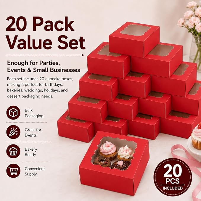 Cupcake Boxes with Window, 20 Pack 6.5x6.5x3 Inch Bakery Boxes for 4 Cupcakes, Muffins, Cookies & Pastries, Disposable Dessert Boxes with Insert Holder (Red)