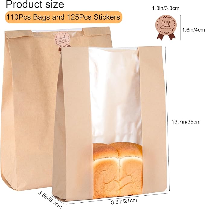 110 Pack Bread Bags for Homemade Bread 13.8" x 8.3" x 3.55",Sourdough Paper Bread Bags With Window,125 sealing stickers A Large Bakery Bags Used for Storage Bread Cookies & Snacks