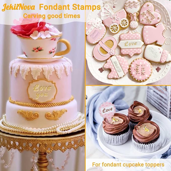 4 PCS Alphabet Letter Fondant Stamps for Biscuit Cake Cookie, Upgraded Food Grade Alphabet Cake Stamp Tool Uppercase Extra Spare Lowercase Numbers Phrases for Christmas Party Reusable Cookie Stamp