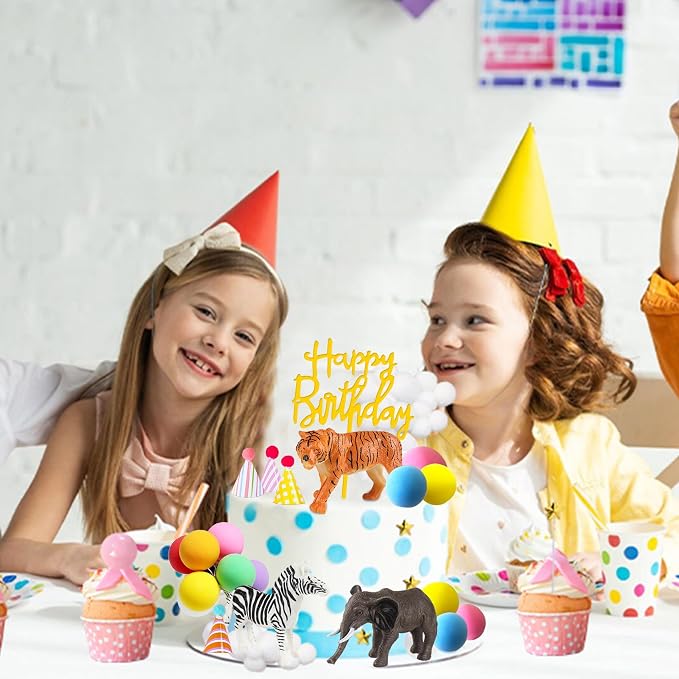 Safari Animal Cake Toppers with Mini Birthday Party Hat Color Balls Cake Decorations for Jungle Wild Themed Baby Shower Birthday Party Supplies (Safari Animal)