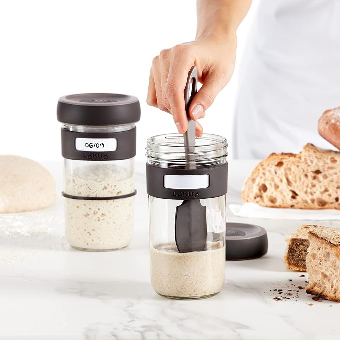Lékué 6 Piece Sourdough Starter Kit | x2 Glass Jars, Spatula + Recipes | Make Sourdough Bread at Home | Platinum Silicone & Glass Vented Jars, Rise Trackers, Dishwasher Safe | Home Bread Baking