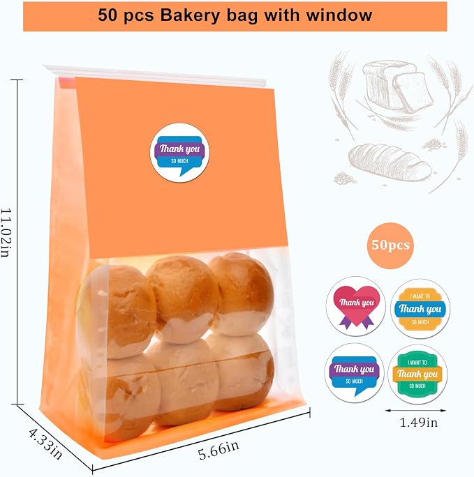 50 Pack Bakery Bags with Window - Large Reusable Cookie Bags With Seal Can Stand Upright Cookie Packaging Bag With Tin Tie Tab Lock Kraft Paper Bread Bags For Pastry,Donuts,Snacks（Orange Large)