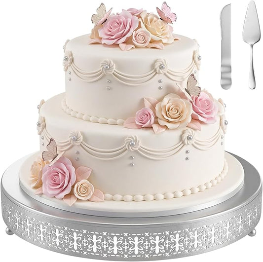 Wenqik Silver Cake Stand 18 Inch Metal Round Cupcake Dessert Wedding Cake Stand with Cutting & Spatula Cookies Display Holder Fruit Serving Tray for Table Wedding Birthday Anniversary Party