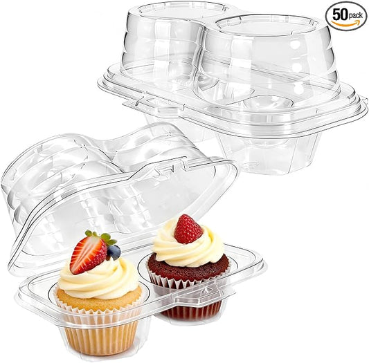 50 Pack Plastic Cupcake Containers with Lids, Disposable 2 Count Clear Cupcake Boxes Holders Carrier, Cake Storage Packaging to Go Muffin Containers for Dessert Donuts Wedding Birthday Party