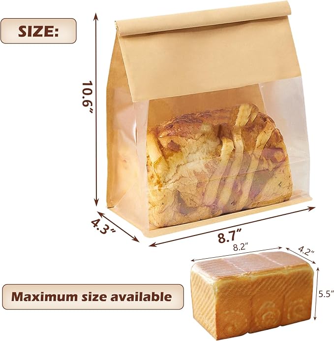 Heavy Duty Large Paper Bread Bags with Tin Tie Tab Lock 200pcs, Loaf Bag with Clear Front Window, Storage Packaging Treat Bag for Bakery Cafe Homemade Bread 10.6” × 4.3” × 8.7”