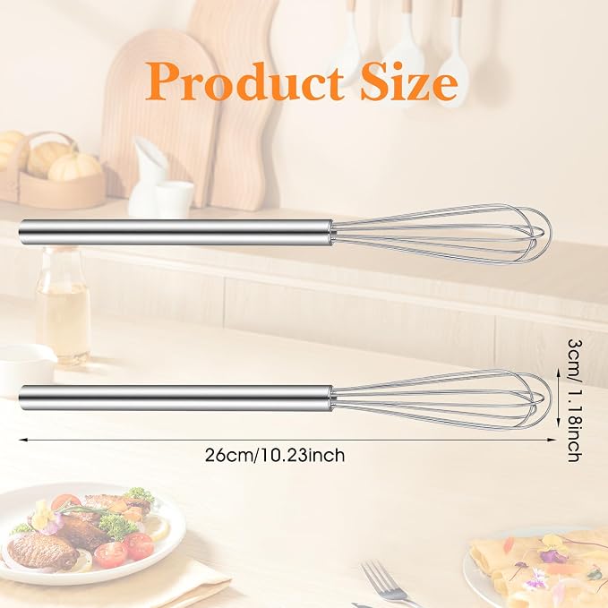 2PCS Small Wire Whisk, Stainless Steel 10in Wire Whisk for Cooking, Easy-to-Clean Small Espresso Whisks for Whisking, Beating, Blending Eggs and Sauces, Cooking, Dishwasher Cleanable