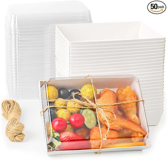 7x5 Inches Charcuterie Boxes with Clear Lids, 50 Pack Disposable Take Out Food Containers, Large Paper Bakery Cake Boxes for Strawberries, Cookies Cupcakes (White)
