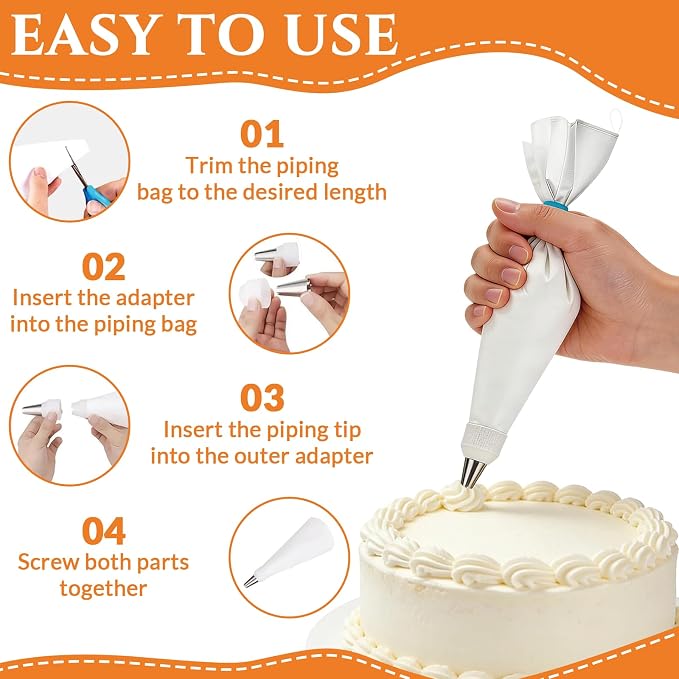 11 Piece Reusable Piping Bags and Tips Set - Cotton Baking Kit with Coupler Stainless Steel Nozzles Cleaner for Cupcakes Cookies Churros