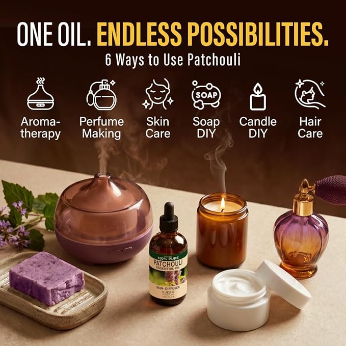 100% Pure Patchouli Oil - 4 Fl Oz Patchouli Essential Oil for Hair, Skin, Diffuser, Aromatherapy & DIY Soap Making Scent
