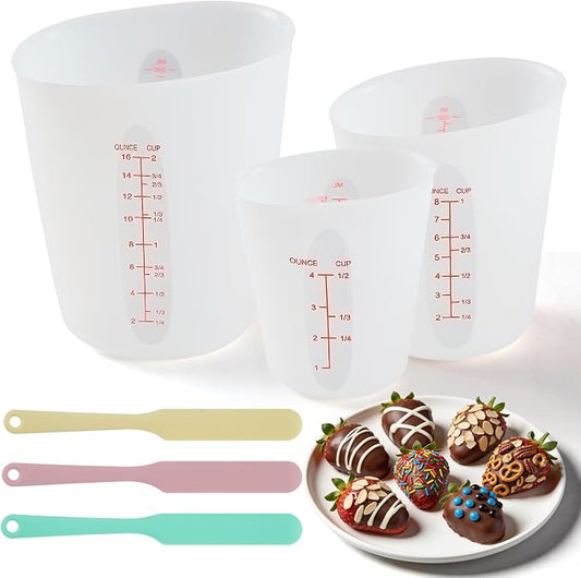 Food-Grade Silicone Measuring Cups with 3Pcs BPA Free Measuring Cups (1/2Cup/1Cup/2Cup) and 3Pcs Reusable Jar Spatulas, Non-Stick Chocolate Melting Cup for Home Baking