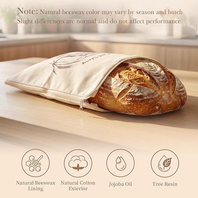 Beeswax Sourdough Bread Bags with Wide Zipper Access, 2 Pack XL 13" x 17" Reusable Linen Cotton Bread Bags for Homemade Bread, Helps Maintain Crust & Freshness (Double-Sided Print Design)