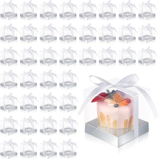 Thenshop 50 Pcs Clear Cupcake Boxes Individual 3.5 Inch Plastic Single Cupcake Containers Boxes with Inserts and Ribbon Individual Cake Storage Holders for Cake Kitchen(Silver)