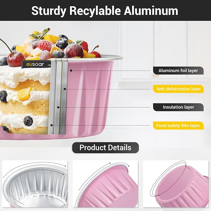 EUSOAR Foil Baking Cups, 50pcs 5oz 125ml Muffin Liners Cups Oven Safe with Lids, Disposable Aluminum Cupcake Ramekins Pans Holders Creme Brulee Liners for Wedding Birthday Party