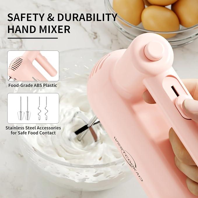 Hand Mixer Electric Handheld, Lightweight Hand Mixer Upgraded Motor, 5-Speed Electric Mixer With Stainless Steel Beaters, Dough Hooks, Westcookaid Turbo Ultra Power+ Eject For Cakes Eggs, Pink
