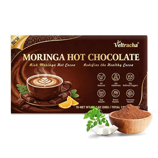 Veltracha Moringa Hot Chocolate, Plant-Based Protein Hot Cocoa Mix with Fiber, Chaga & Blue Spirulina, Non-Dairy Mushroom Cocoa Powder for Immune & Energy, 10 Sachets