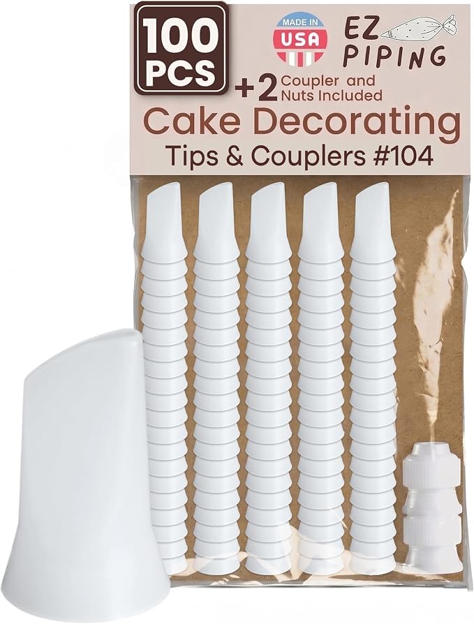 Reusable Plastic Piping Tips Standard Size Petal Tip #104 100 Pack with 2 Couplers Flower Icing Nozzle for Cake Decoration, Dessert Design Baking Supplies Piping Bags Base Ø 0.75"Height 1.25"