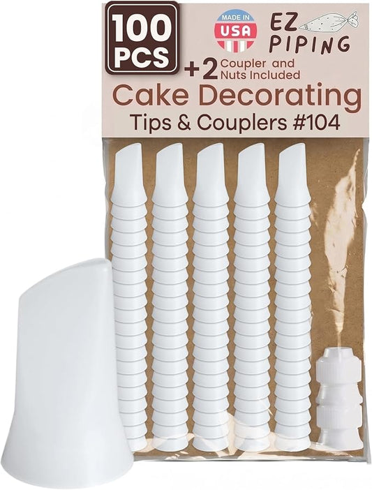 Reusable Plastic Piping Tips Standard Size Petal Tip #104 100 Pack with 2 Couplers Flower Icing Nozzle for Cake Decoration, Dessert Design Baking Supplies Piping Bags Base Ø 0.75"Height 1.25"