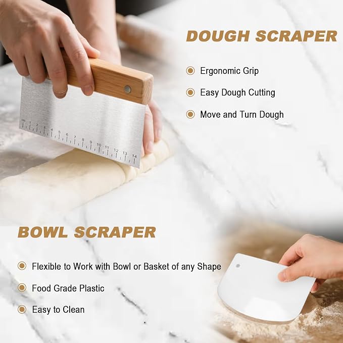 Sourdough Bread Proofing Basket Kit - Banneton Baking Set, Sour Dough Making Tools Supplies, 9" Round and 10" Oval Cane Baskets with Bowl Scraper, Bread Lame, Danish Whisk, Linen Liners, Dough Scraper
