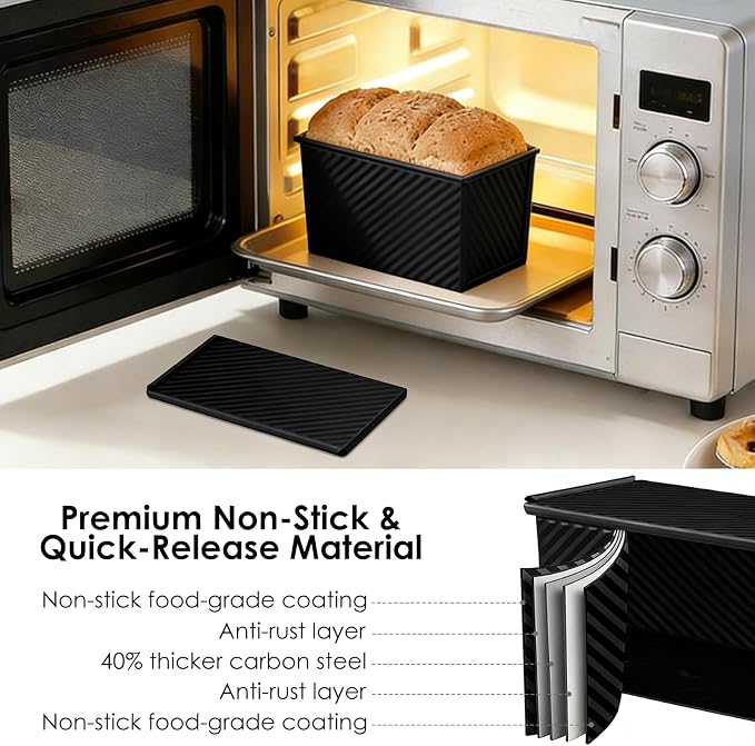 Saiveina 【5 Bonus Heart Shaped Cake Pans 】 Pullman Loaf Pan with Lid, 1 lb Bread Loaf Pan Non-Stick Carbon Steel, Square Bakeware for Sandwich, Shokupan, Pain de Mie, Sourdough, Toast, Black