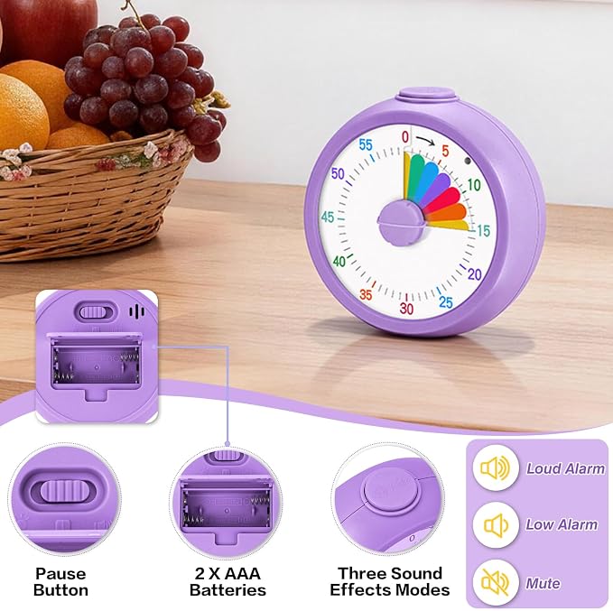 Mwellewm Visual Timer for Kids, 60 Minute Time Digital Pomodoro Timer Countdown with Silent Pause Function for Classroom Kitchen Study Cooking Meetings ADHD Rainbow Pattern(Circle Purple)
