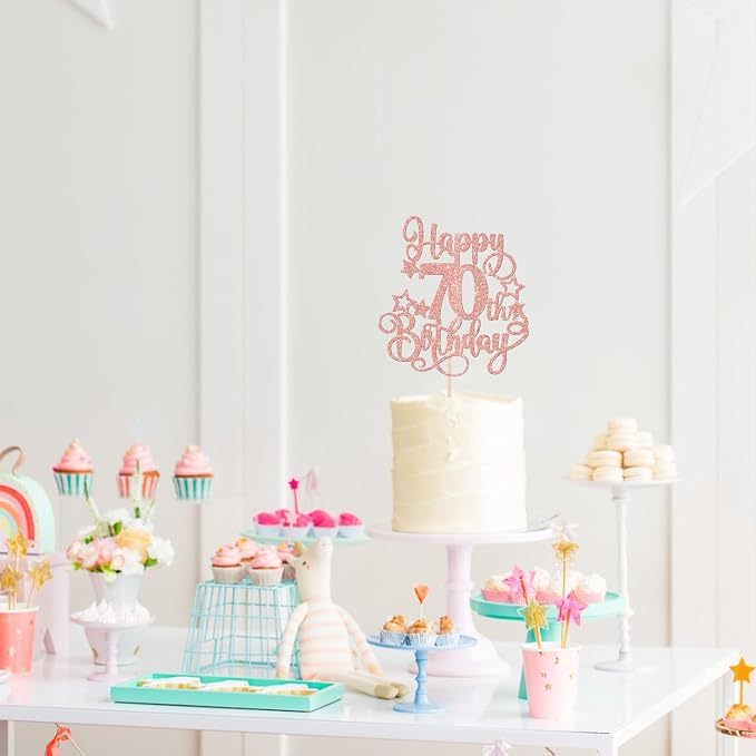1 PCS Happy 70th Birthday Cake Topper Glitter Cheers to 70 Years Birthday Cake Pick Hello 70 Fabulous Cake Decoration for Happy 70th Birthday Anniversary Party Decorations Supplies Rose Gold