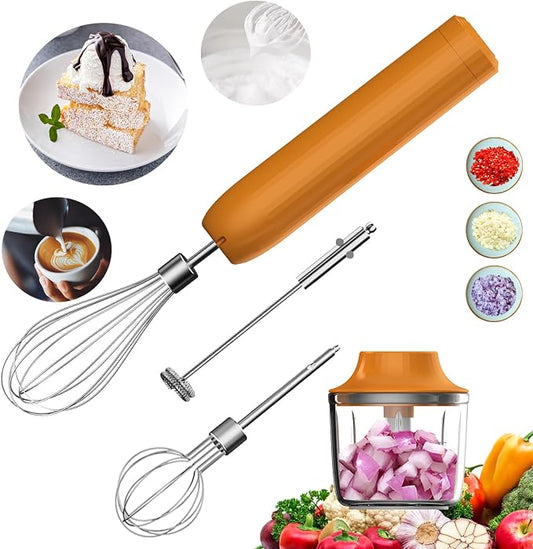 4-in-1 Electric Hand Mixer, Electric Whisk, Mini Onion Chopper 10Oz, Small Cordless Hand Blender, Milk Frother Wand for Coffee, Matcha, 4 Speed Rechargeable Food Processor for Baby Food Maker