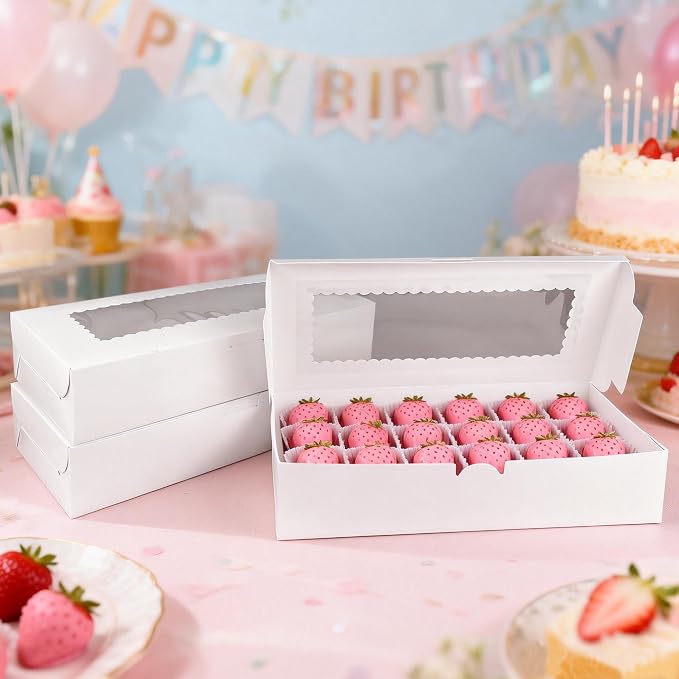MUMULULU White Bakery Boxes with Window Cookie Boxes Treat Boxes for Desserts Cupcakes Muffins Donut Chocolate Strawberry (7PCS 12×5.5×2.5)
