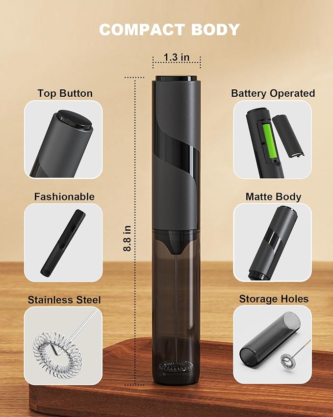 Electric Milk Frother Handheld with Cover (2AA Not Included) | Storage Cover - Easy To Carry Drink Mixer Handheld, Portable Frother for Coffee, Latte, Matcha, Cappuccino & Hot Chocolate