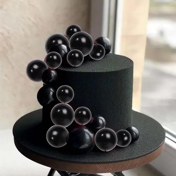 24 PCS Ball Cake Toppers Balls Cupcake Toppers Foam Ball Shaped Cake Picks DIY Balloons Cake Insert Topper for Wedding Enagement Baby Shower Birthday Party Cake Decorations Supplies Black