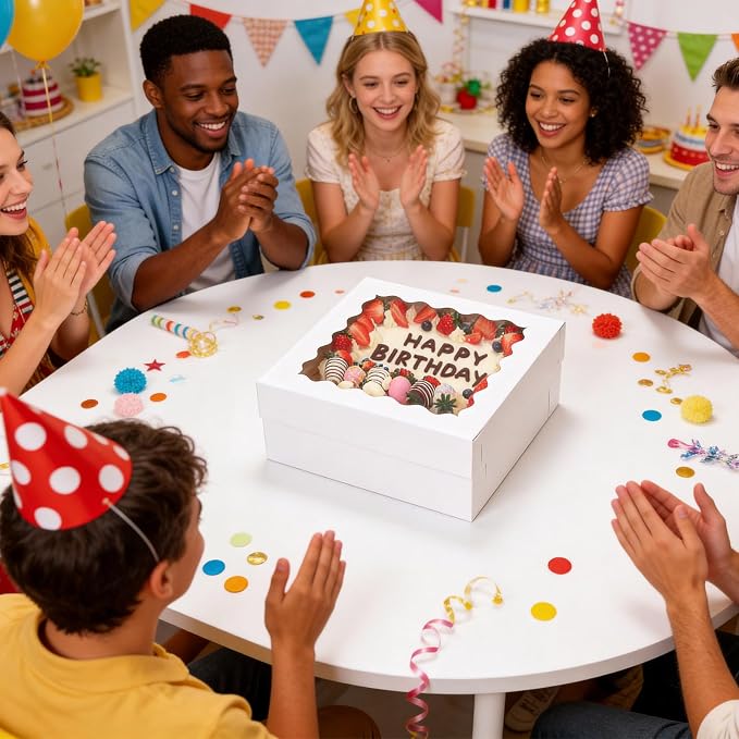 COTOPHER 14x14x6 In Sheet Cake Boxes, 16 Pcs White Bakery Boxes with Large Window (8 Boxes & 8 Boards), Cake Containers for Quarter Cakes, Donuts, Cupcakes, Brownie, Pastry & Pies Packaging