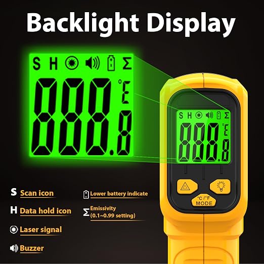 FKM Infrared Thermometer Gun Non-Contact Laser Temperature Gun,-58°F~986°F(-50°C~530°C) AdjustableEmissivity,Digital Thermometer Gun for Cooking,Oven,Griddle,Automotive,HVAC,Industrial,Not for Human