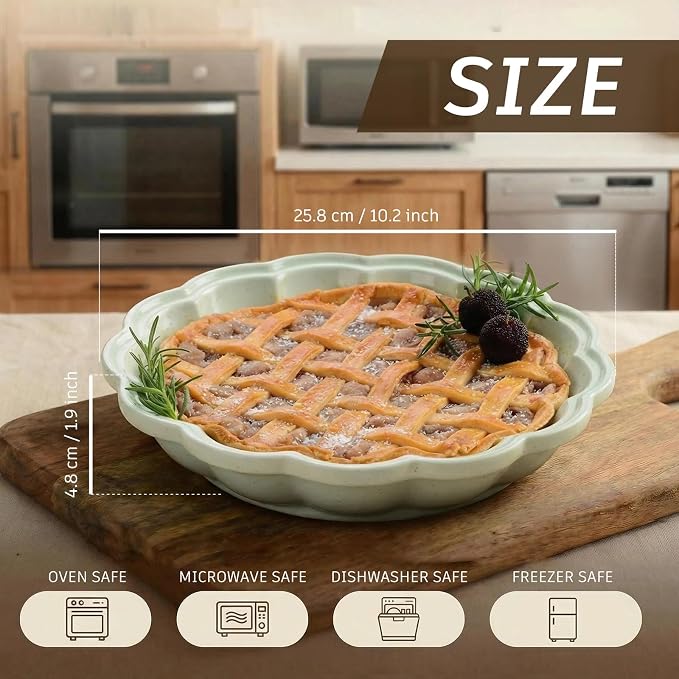 10.2 Inch Ceramic Pie Pan, Fluted Deep Pie Dish, Oven Microwave Safe, Non-Stick Porcelain Pie Plate for Apple Pie, Quiche & Tarts