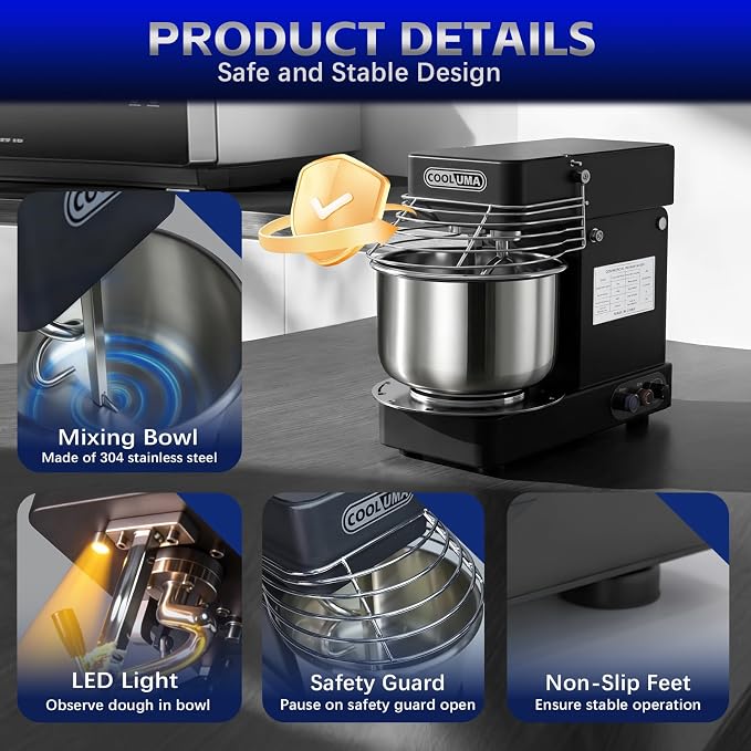 7.4QT Commercial Dough Mixer, Spiral Dough Mixer,1000w Heavy-Duty Stand Dough Mixer With Stepless Speed Control, Tilt-able Design,Perfect For Home Kitchens, Bakeries, Restaurants, Pizzerias