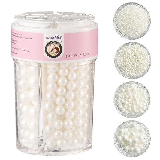 Homankit Edible White Pearl Sprinkles for Baking, 4 Sizes Mix Sugar Pearls Cake Decorations for Cupcake Toppers Cookie Decorating Birthday Party Wedding Valentines Christmas Supplies