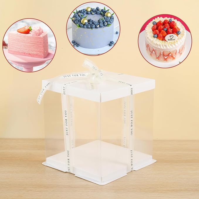 JCD 6Pcs Multi-Layer cake box，Large Cake PET Clear Box, 10" X 10" X 9" with ribbon and pre-folded lid, for 8" cake packing , baking cookie display, Carry Tall Layer box (White Lid, 10*10*9inch/6Pcs)