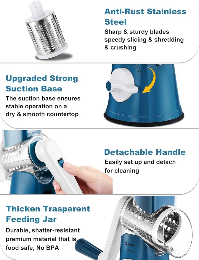 Geedel Rotary Cheese Grater Cheese Shredder - Upgraded 5-in-1 Cheese Grater with Handle and Strong Suction Base, Multi-purpose Vegetable Slicer Ice Shaver Nuts Grinder for Cheese, Vegetables, Ice