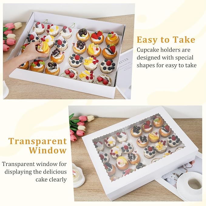 24 Count Cupcake Box, 4 Pack Cupcake Containers with Windows and Inserts, Disposable Cupcake Carriers for Muffins, Treats, Pastries,Mother's Day 19 x 14 x 3.9 Inches (White, 24Count /4Pcs)
