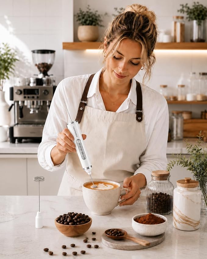Rechargeable Milk Frother Handheld, Electric Coffee Frother with 2 Whisk, 3-Speed Powerful Drink Mixer, USB-C, Milk Foamer for Coffee, Latte, Cappuccino,Matcha & HotChocolate(White no Stand)