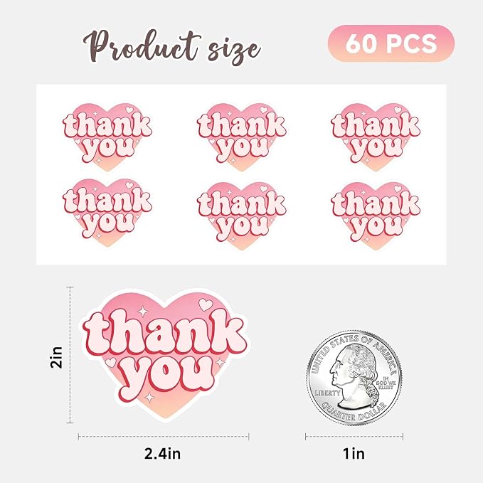 Heart Shaped Thank You Stickers, Cute Pink Appreciation Labels for Gift Wrapping, Small Business Packaging, Mother’s Day Gift Stickers, Bakery Package Seals, 60 Pcs