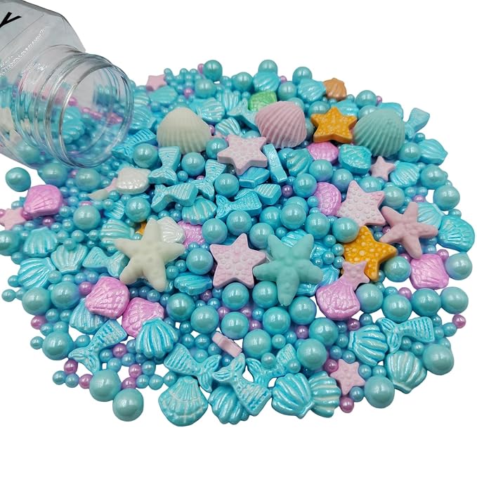 Homankit Mermaid Sprinkle Sweets Sprinkles for Baking Dessert Cupcake Cake Topper Starfish Shell Pearl Mermaid Candy Mix 3.53 Ounces