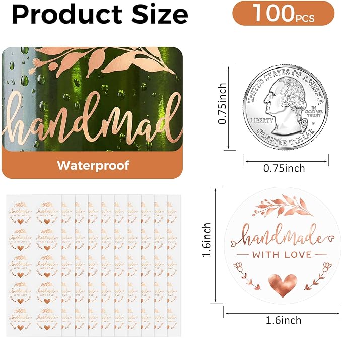 Handmade with Love Stickers 100 Pcs, Rose Gold Foil Transparent Labels for Small Business Packaging, 1.6 Inch Round Thank You Stickers for Gift Wrap, Bakery Boxes, Envelopes (Rose Gold Foil)