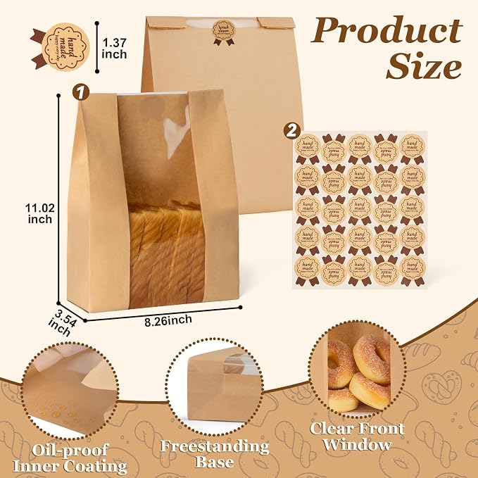 FUNFERY 60 Pcs Sourdough Bread Bags for Home Made Bread Sourdough,Large Paper Bags for Breads Gifting with Window&Cute Stickers,Loaf Bags for Bakery Packaging and Storage,Sourdough Starter Kit