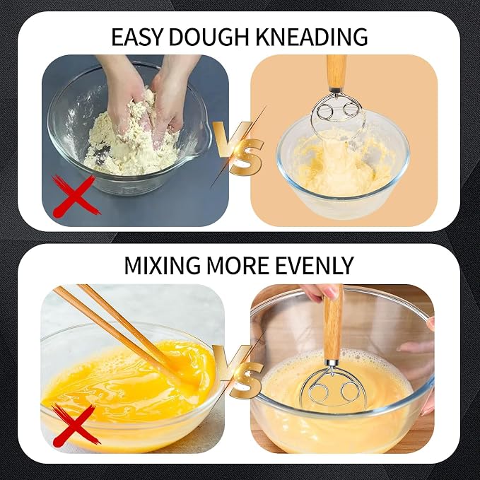 Danish Dough Whisk Stainless Steel Wood Handle for Sourdough Bread | Food Grade Stainless Steel; Dutch Whisk Dough Hook Alternative; Hand Dough Mixer Stirrer; No Lumps Mixing; Dishwasher Safe
